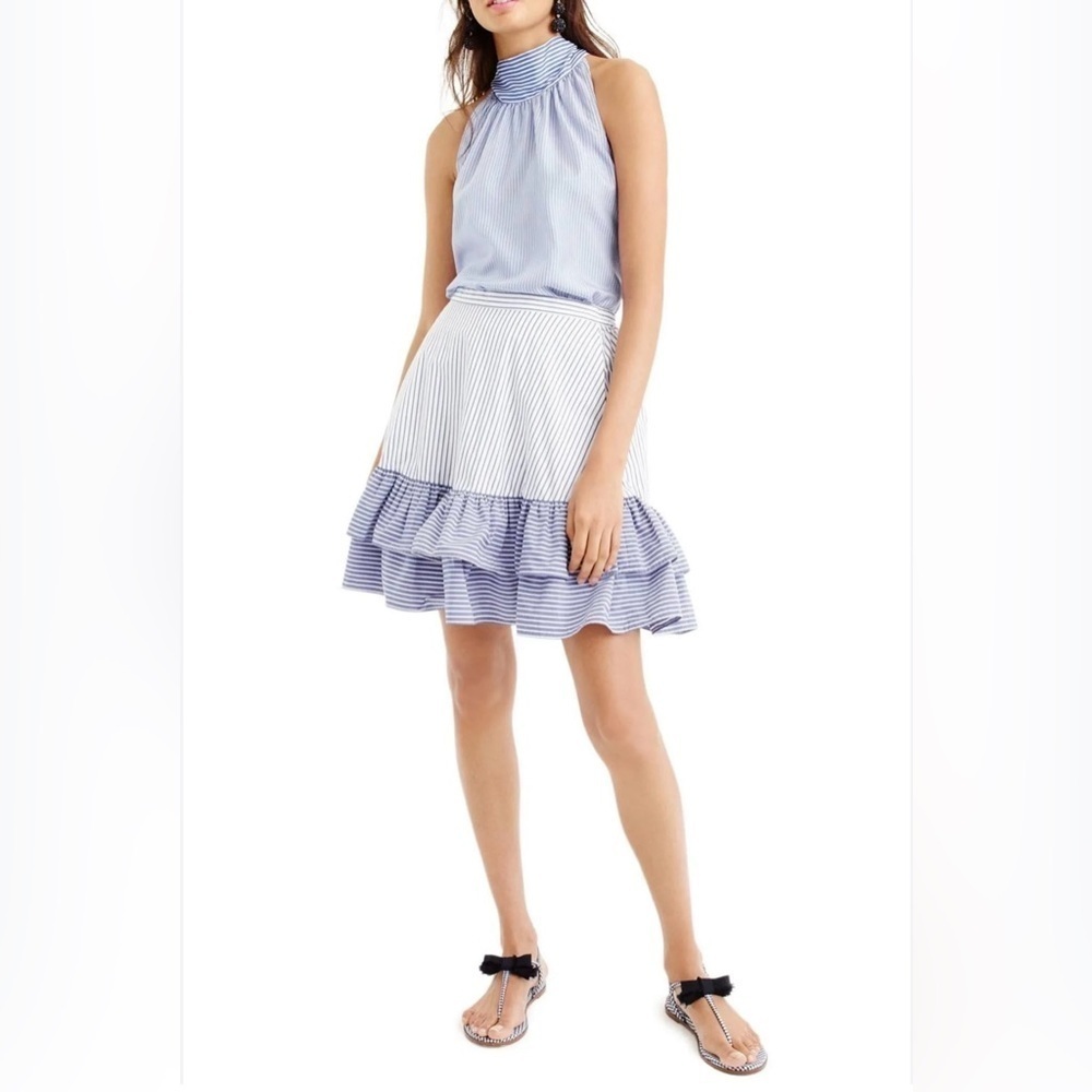 J. Crew Pinstripe Ruffle Ruffle Mini Skirt Womens Size 0 Blue White Cotton